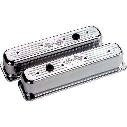 BSP95727 - Billet Specialties Aluminum Valve Covers, Polished, Center Bolt  Chevy, Cross Flags, Tall Style