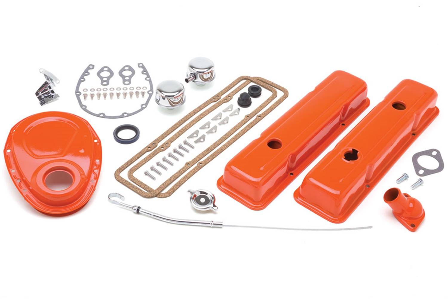 SBC Engine Dress Kit, Orange, Short Valve Covers Trans Dapt 3051