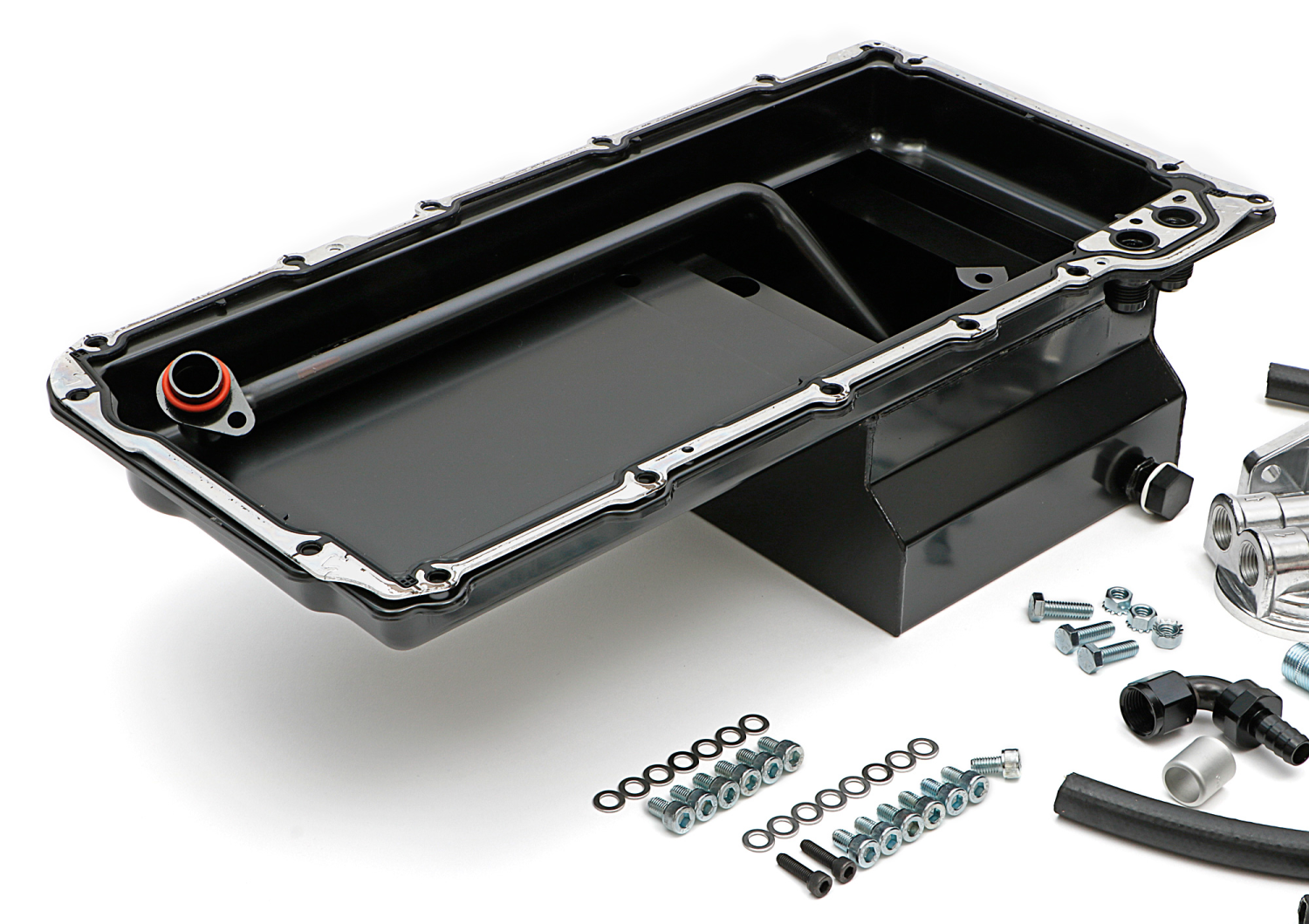 LS Swap Oil Pan with Filter Relocation Kit; Double Filter; Horizontal Port; Black Pan Trans Dapt