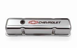 PACE Performance - PAC-141899 - Take-Off Stamped Steel Valve Cover - SBC, Chrome, Short with Baffle, Black Lettering-Red Bowtie