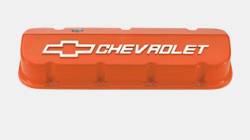 Chevrolet Performance Parts - 25534374 - Aluminum Valve Covers, Big Block Chevy, Tall, Powder Coated Orange, Chevrolet Logo