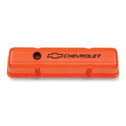 Proform Parts - Proform Parts 141-784 - Stamped Steel Chevy Orange Valve Cover - SBC, Tall with Baffle