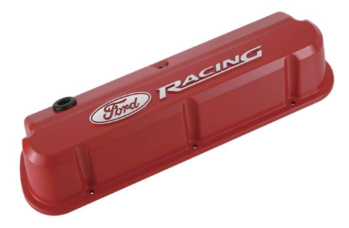 Proform - Proform Parts 302-143 - Die-Cast Aluminum Valve Covers - Ford 289-302--351W Slant-Edge Valve Covers, Red with Ford Racing Raised Emblem