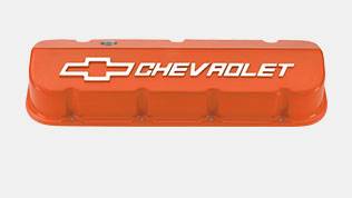 Chevrolet Performance Parts - 25534374 - Aluminum Valve Covers, Big Block Chevy, Tall, Powder Coated Orange, Chevrolet Logo
