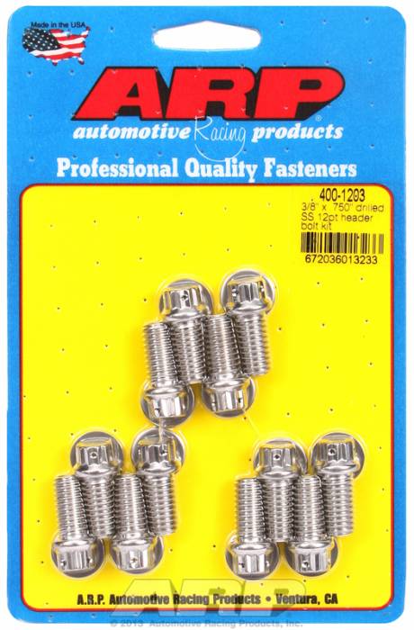 ARP - ARP4001203 - ARP Header Bolt Kit- Chevy Small Block - 3/8"X .750"- Stainless Steel- 12 Point Nuts-Qty.-12- Drilled For Safety Wire