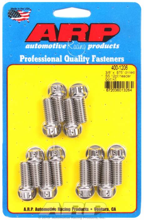 ARP - ARP4001206 - ARP Header Bolt Kit- Universal Application - 3/8"X .875"- Stainless Steel- 12 Point Nuts-Qty.-12- Drilled For Safety Wire