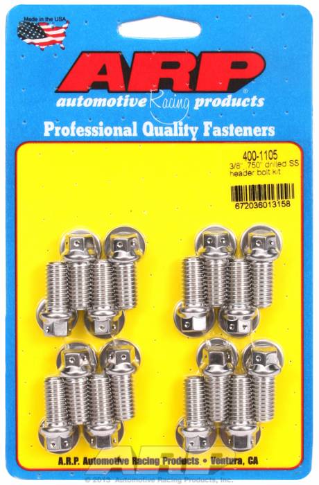 ARP - ARP4001105 -ARP Header Bolt Kit- Universal Application - 3/8"X 1.000"- Stainless Steel- 6 Point Nuts-Qty.-16- Drilled For Safety Wire
