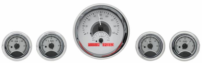 Dakota Digital - Dakota Digital VHX-1015-S-R - Five-Gauge Round Universal VHX System, Silver Alloy Style Face, Red Display