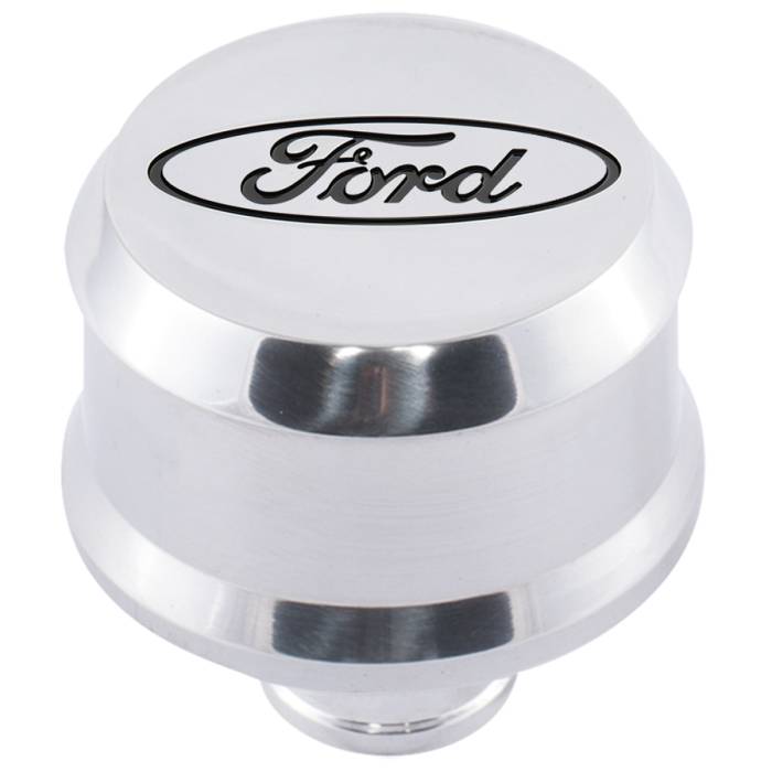 Proform Parts - Proform Parts 302-438 - "Ford" Slant-Edge Aluminum Breather Cap, Recessed Black Oval Emblem, Polished