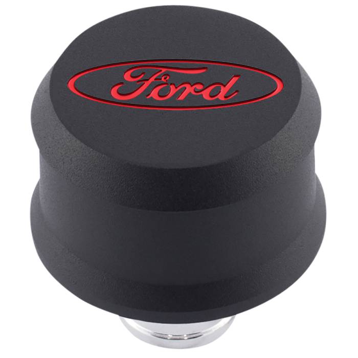 Proform Parts - Proform Parts 302-440 - "Ford" Slant-Edge Aluminum Breather Cap, Recessed Red Oval Emblem, Black Crinkle