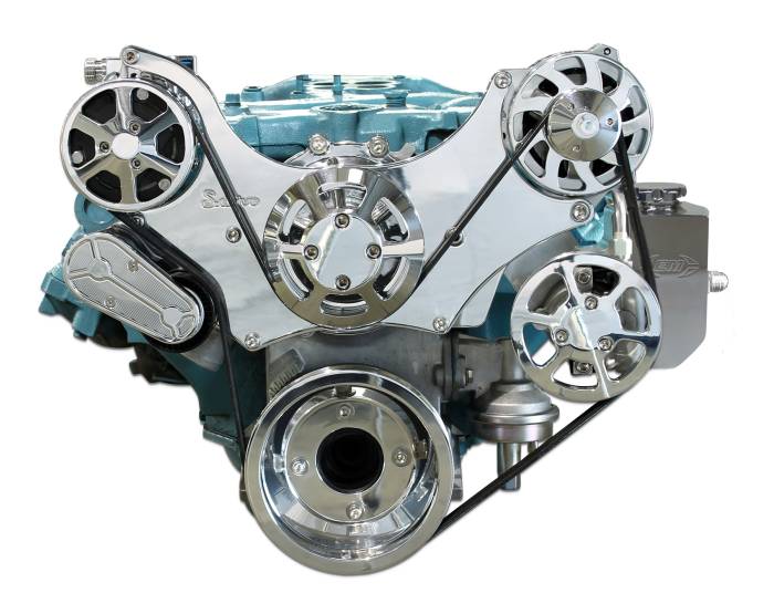 Eddie Motorsports - Eddie Motorsports Accessory Drive Pontiac 64-68 (with eight bolt water pump) S-Drive with Alt, A/C and P/S (with attached billet reservoir) Protective Clear Coat MS117-60BCL
