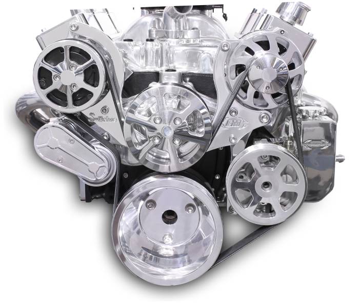 Eddie Motorsports - Eddie Motorsports SBC Accessory Drive  S-Drive Plus 8 Rib with Alt, A/C and P/S (with attached billet reservoir) Polished MS107-10BP