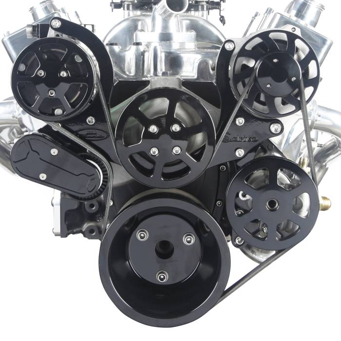 Eddie Motorsports - Eddie Motorsports SBC Accessory Drive S-Drive Plus 8 Rib with Alt, A/C and P/S (with pump for remote reservoir) Gloss Black MS107-10RBK