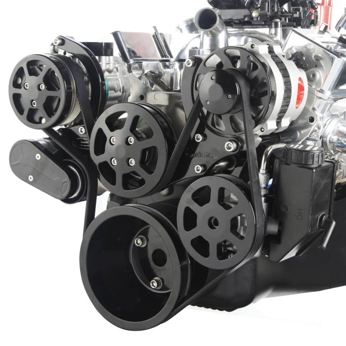 Eddie Motorsports - Eddie Motorsports BBC Accessory Drive S-Drive 6 Rib with Alt, A/C and P/S (with attached plastic reservoir) Gloss Black Anodized MS107-50BA