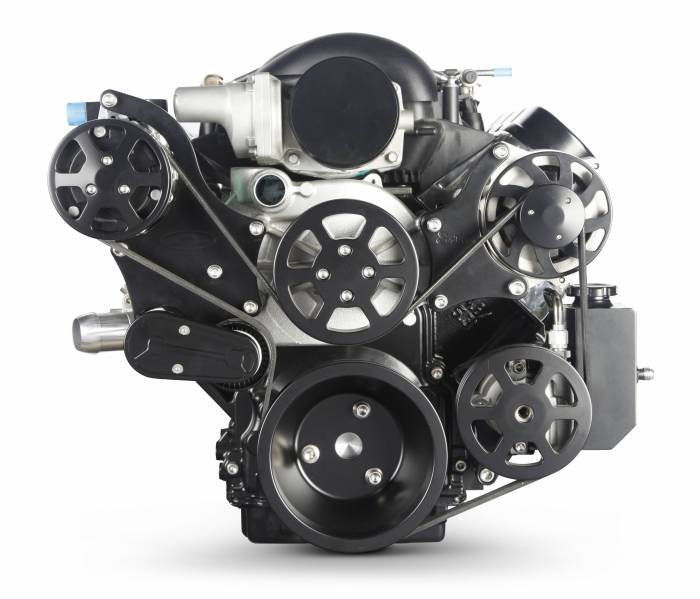 Eddie Motorsports - Eddie Motorsports LS with VVT Accessory Drive 6 Rib with Alt, A/C and P/S (with attached billet reservoir) Matte Black MS117-80BMB
