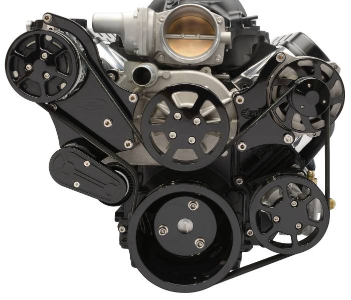 Eddie Motorsports - Eddie Motorsports LS with VVT Accessory Drive 6 Rib with Alt, A/C and P/S (with pump for remote reservoir) Gloss Black Anodized MS117-80RBA
