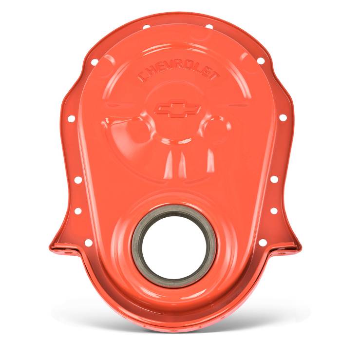 Proform - Proform Parts 141-220 - Engine Timing Chain Cover; Chevy Orange; Steel; Embossed Bowtie Logo; BB Chevy