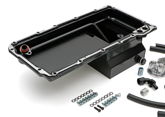 Trans-Dapt Performance  - LS Swap Oil Pan/Filter Relocation Kit; Single Filter; Vertical Port; Black Pan Trans Dapt 0180