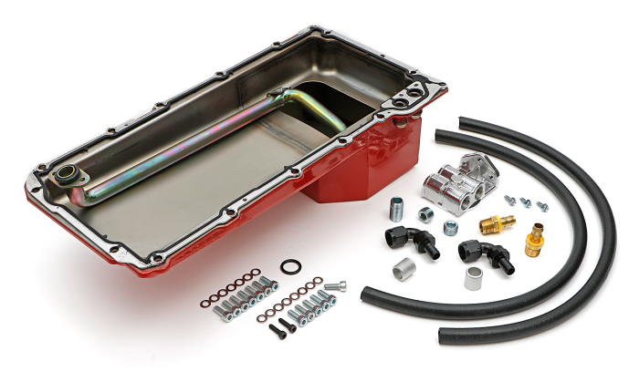 Trans-Dapt Performance  - LS Swap Oil Pan with Filter Relocation Kit; Single Filter; Horizontal Port, Red Pan Trans Dapt 0176