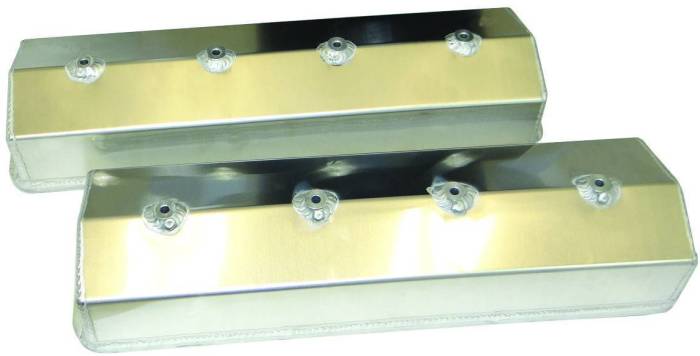 Moroso Performance - MOR68028 - Fabricated Aluminum Valve Covers, Billet Rail, Fits SBC with Centerbolt-style Cylinder Heads, 4" Tall