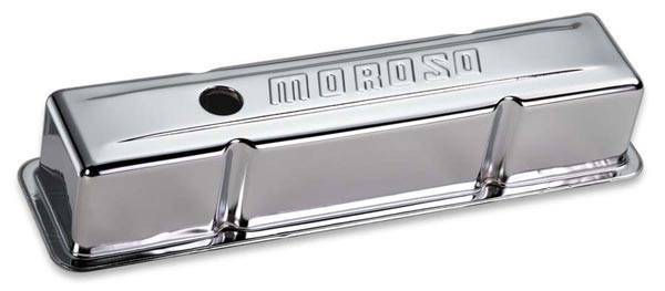 Moroso Performance - MOR68102 - Stamped Steel Valve Cover, SBC, Chrome Plated, Tall, without Baffle, Moroso logo