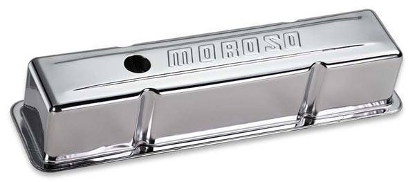 Moroso Performance - MOR68103 - Stamped Steel Valve Cover, SBC, Chrome Plated,Tall, with Baffle, Moroso logo