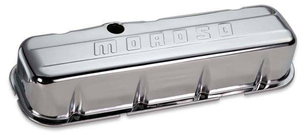 Moroso Performance - MOR68113 - Stamped Steel Valve Cover, BBC, Chrome Plated, Tall, Moroso logo, with Baffle