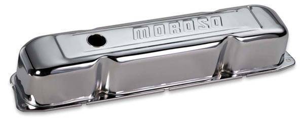 Moroso Performance - MOR68181 - Stamped Steel Valve Covers, Chrome Plated, Tall, Moroso logo, Baffle, Chrysler 361-440