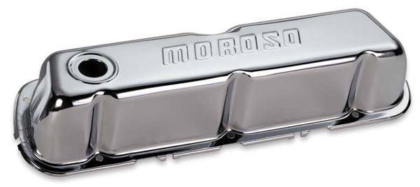 Moroso Performance - MOR68201 - Stamped Steel Valve Covers, Chrome Plated, Tall, Moroso logo, Baffle, Ford 221-302, 351W