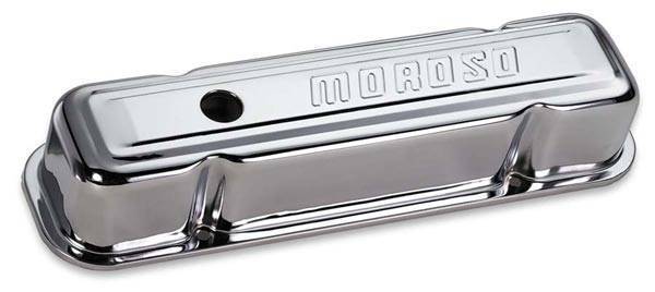 Moroso Performance - MOR68281 - Stamped Steel Valve Covers, Chrome Plated, Tall with Baffle, Moroso logo, Pontiac 301-455