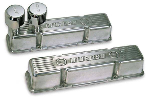Moroso Performance - MOR68365 - Cast Aluminum Ribbed Valve Cover, SBC, Polished Finish, Moroso logo, Tall, two breather tubes, at radiator end of the driver's side valve cover