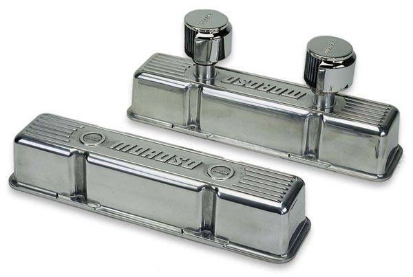 Moroso Performance - MOR68370 - Cast Aluminum Ribbed Valve Cover, Polished Finish, Moroso logo, Tall, two breather tubes. Includes hooded breathers & mounting studs, SBC