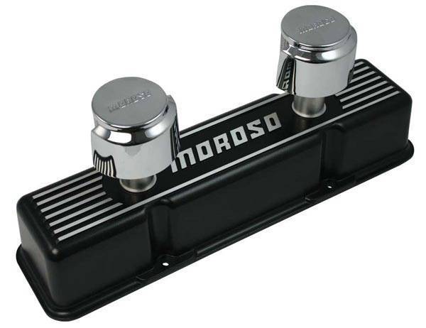 Moroso Performance - MOR68371 - Cast Aluminum Ribbed Valve Cover, SBC,  Black Finish, Moroso logo, Tall, two breather tubes. Includes hooded breathers & mounting studs