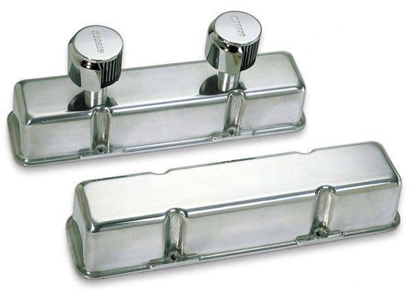 Moroso Performance - MOR68374 - Cast Aluminum Valve Cover, SBC, Polished Finish, Moroso logo, Tall, two breather tubes. Includes hooded breathers & mounting studs