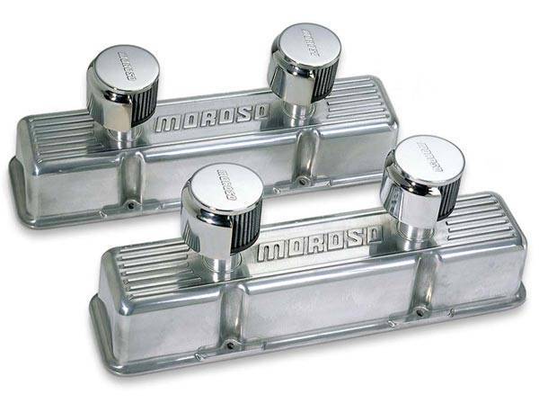 Moroso Performance - MOR68380 - Cast Aluminum Ribbed Valve Cover, SBC, Polished Finish, Moroso logo, Tall, two breather tubes. Includes hooded breathers & mounting studs
