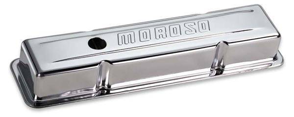 Moroso Performance - MOR68392 - Stamped Steel Valve Cover, SBC, Chrome Plated, Stock Height, with baffle, Moroso logo