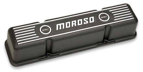 Moroso Performance - MOR68411 - Cast Aluminum Ribbed Valve Cover, Black Finish, Moroso logo, Tall, SBC