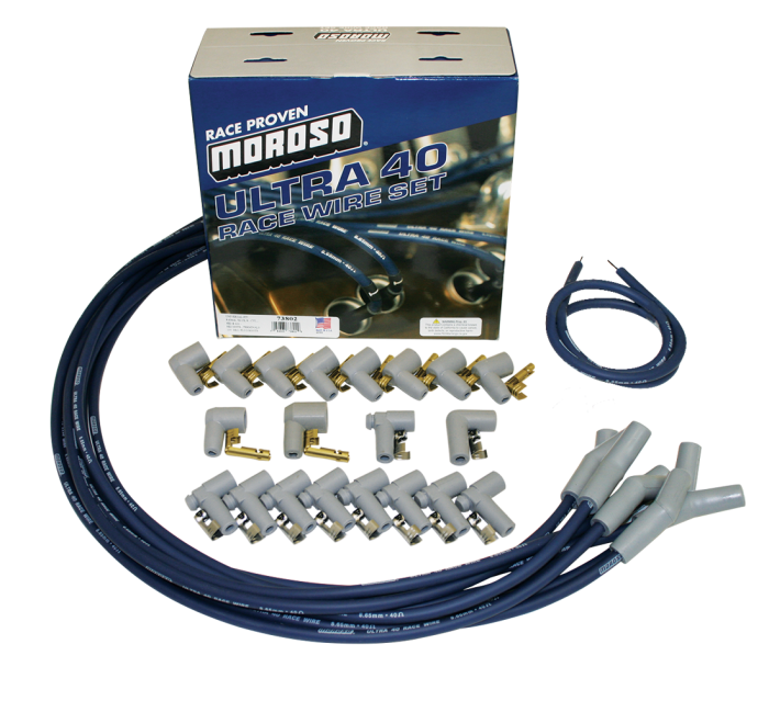 Moroso Performance - MOR73802 - Moroso Ultra 40 Race Wire Universal Wire Set - Blue, 135 Degree Plug, Unsleeved