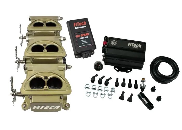 FiTech Fuel Injection - Fitech 35561 Go EFI 3x2 Tri Power 600 HP Classic Gold EFI System With Force Fuel Mini Delivery Master Kit