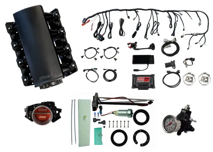 FiTech Fuel Injection - Fitech 76104 Ultimate LS 750 HP EFI System With Short Cathedral Intake, Transmission Control, In Tank 440 LPH Pump Module & Go Fuel Regulator Master Kit