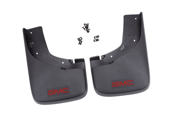 GM (General Motors) - 12499685 - GM Accessories - Custom Molded Splash Guards -  With Red Gmc Logo - 2004-2006 Gmc Canyon -Rear  - With Wide Profile Factory Fender Flares -2 Pc. Set
