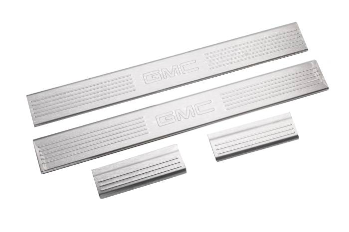 GM (General Motors) - 17802525 - Door Sill Plates, 2010-14 Gmc Yukon 4 Door, Front And Rear Sets, Gmc Logo On Front Set, Brushed Stainless Steel