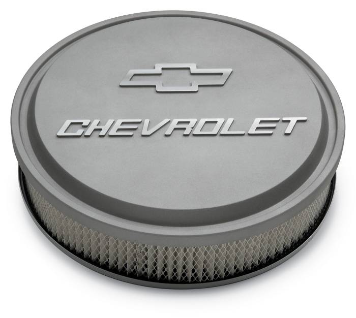Clearance Items - Proform Parts 141-832 - Slant-Edge Die-Cast Aluminum Air Cleaner Kit, 14" Round, Cast Gray Crinkle, Raised Chevrolet & Bowtie Emblem (800-141832)