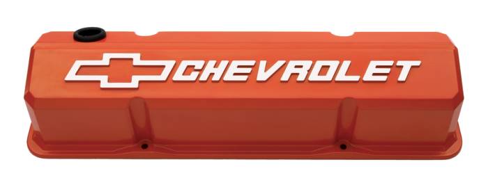 Clearance Items - Proform Parts 141-924 - Slant-Edge Valve Cover - SBC, Chevy Orange Die-Cast Aluminum with Raised Emblem (800-141924)