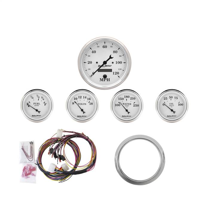 AutoMeter - AutoMeter Old Tyme White 5 Gauge Set MPH/OilP/Water/Volt/Fuel 7034-OTW