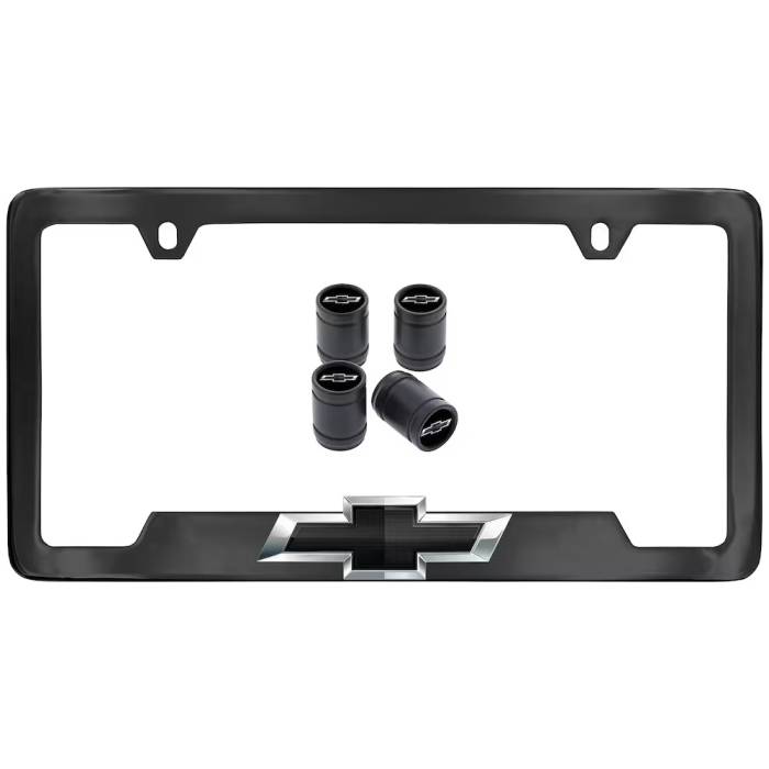 GM (General Motors) - 19540079 License Plate Frame in Black with Bowtie Logo and Valve Stem Caps