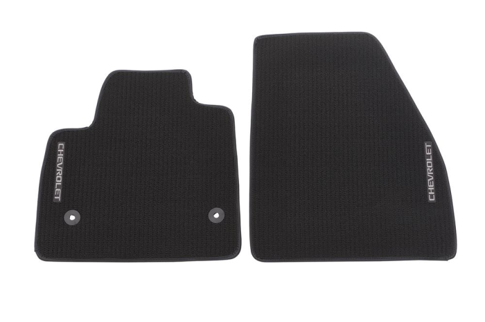GM (General Motors) - 84576671 First-Row Premium Carpeted Floor Mats in Jet Black with Black Binding and Chevrolet Script