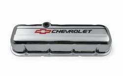 Proform - Proform Parts 141-813 - Stamped Steel Valve Cover - BBC, Chrome, Tall with Baffle, Black Lettering-Red Bowtie