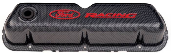Proform Parts 302-008 - Ford Racing Stamped Steel Valve Covers -  Carbon-Style with Red Emblems