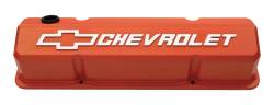 Clearance Items - Proform Parts 141-924 - Slant-Edge Valve Cover - SBC, Chevy Orange Die-Cast Aluminum with Raised Emblem (800-141924) - Image 1